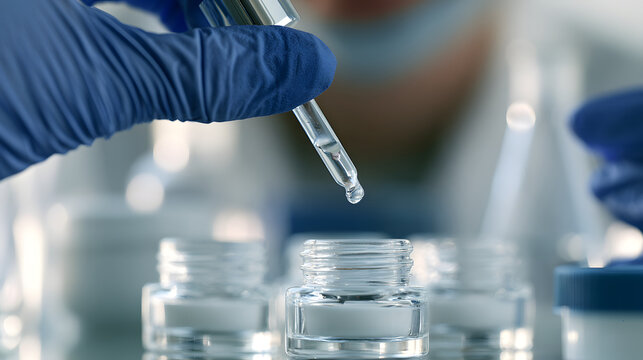 The unseen scientist, clad in azure laboratory gloves, pours clear liquid from a glass dropper into small containers holding cosmetic cream or lotion during research and development, the scene slightl