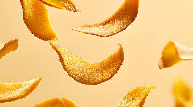 Fresh slices of ripe mango are flying in the air. Dried mango flakes