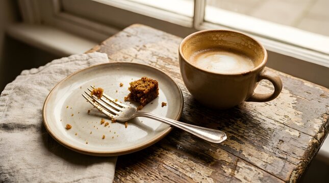 Empty Plate with Fork and Coffee Mug on Rustic Wooden Table Near Window