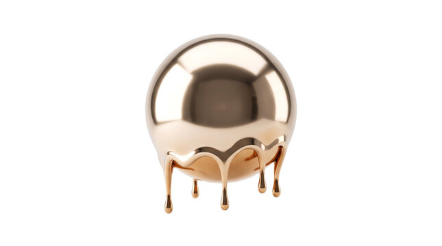 Rose gold melting sphere with liquid drips, metallic chrome ball on white background, luxury 3D abstract element for premium branding