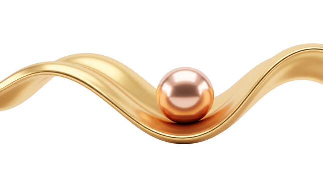 Metallic gold wave with copper sphere, elegant 3d abstract background, luxury rose gold pearl on flowing ribbon, premium design element