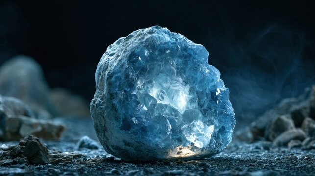 A blue celestite crystal geode sits in a mineral backdrop. The crystal reflects soft glowing points, creating a magical atmosphere.