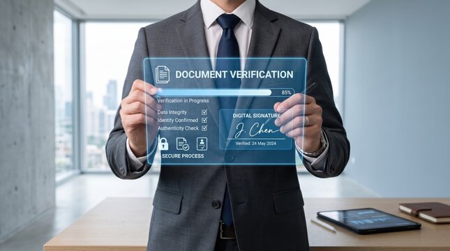 Businessman holding futuristic hologram interface showing document verification process, digital signature, identity confirmation, data integrity check, secure authentication