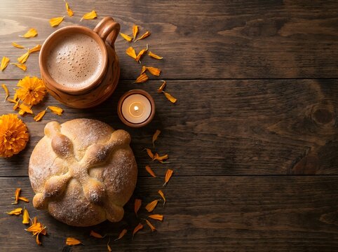 Traditional Mexican bread of the dead with hot chocolate and marigold flowers on a wooden table.