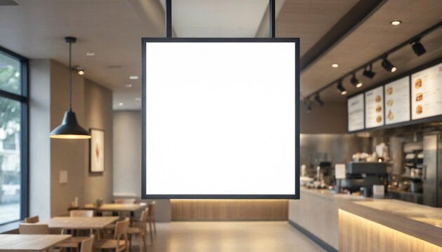Blank square hanging lightbox mockup inside a modern coffee shop interior with blurred background
