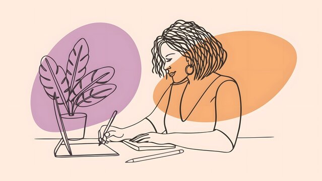 Creative freelance workspace and digital design studio. Graphic artist working on a tablet and notebook. Woman sitting at a desk with a houseplant designing digital art and sketching