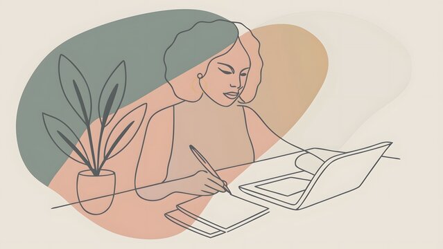 Digital marketing and freelance remote office workspace. Professional writing and laptop computer use. Woman working at a desk with a laptop, notebook, and houseplant in an office