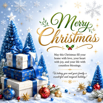 Merry christmas blue greeting card with stack of gift boxes and snow landscape blue background christmas tre