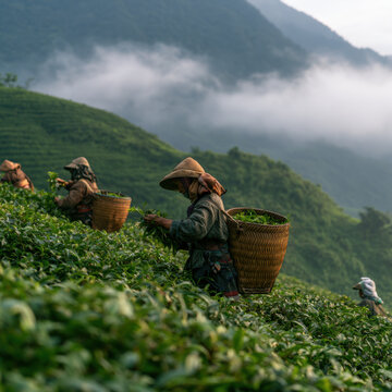 Local women harvesting fresh green tea leaves on a misty mountain plantation field.