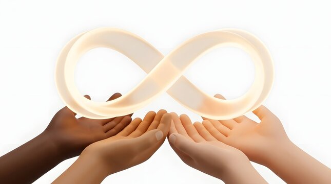 Hands Holding Illuminated Infinity Symbol in Bright White Background