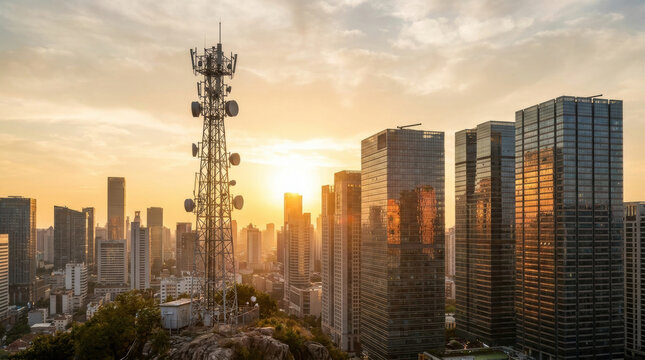 Telecommunication tower with antennas standing among modern skyscrapers at sunset. Wireless communication network and 5g technology