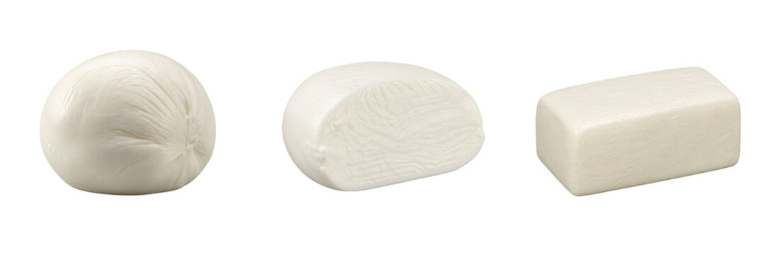 Fresh italian white soft mozzarella cheese whole ball half sliced block isolated transparent background dairy food product