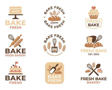 Bakery logo collection features various illustrations of baked goods and baking tools