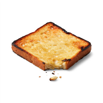 Burnt toast slice with bite mark during morning breakfast isolated on transparent background