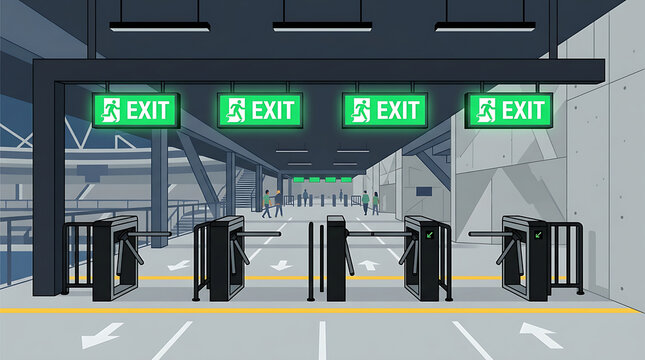Turnstiles at a stadium exit corridor with glowing signage