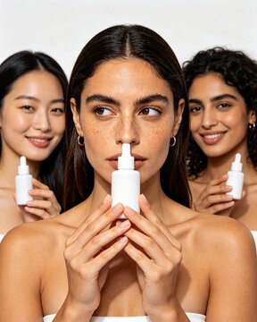 Diverse Multiethnic Women Presenting Face Serum Dropper Bottle