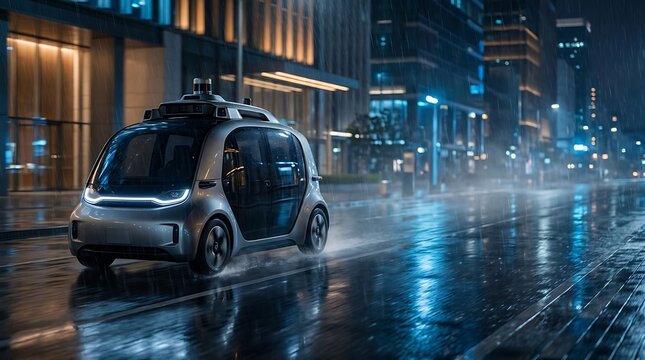 Autonomous self driving car moving on a rainy city street at night with glowing lights and reflections