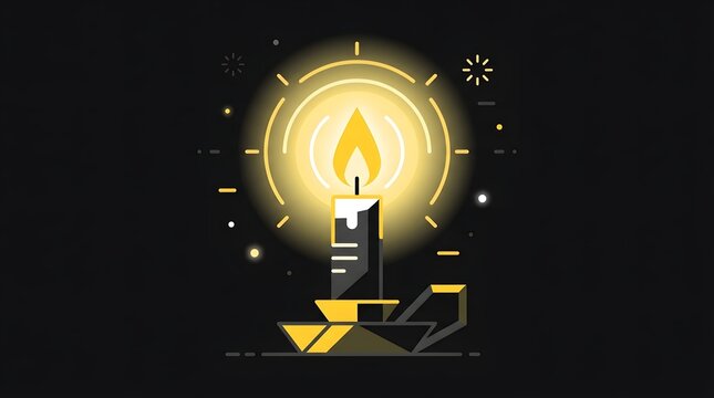 Minimalist Candle Flame Icon with Bright Glow and Sparkles on Dark Background
