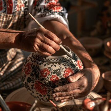 Potter painting intricate floral patterns on a ceramic vase in a traditional workshop