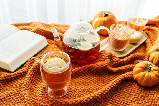 Autumn hygge concept with warm tea and pumpkins