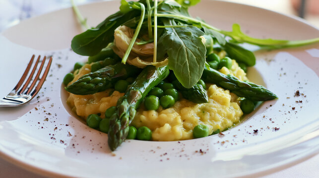 Creamy risotto with fresh asparagus, green peas, and arugula, gourmet vegetarian meal on a white plate