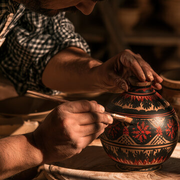 Artisan hand-painting traditional red and black floral motifs on ceramic vase with precision brush