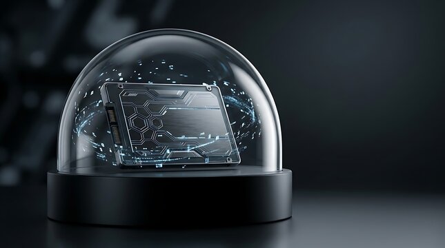 Digital circuit board inside a glass snow globe on a dark background
