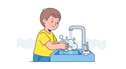 Fototapeta premium Young Boy Washing His Hands with Soap and Water at the Bathroom Sink for Personal Hygiene and Health Maintenance