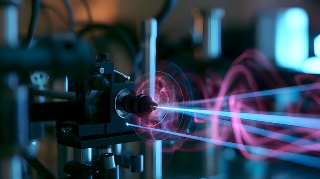 A scientific apparatus emits vibrant blue and pink energy beams against a blurred laboratory background with glowing equipment