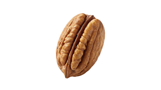 Single whole pecan nut in shell isolated on transparent background