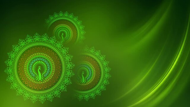 Elegant green peacock mandala background with flowing curves and traditional Indian ornamentation.