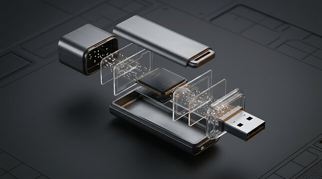 Disassembled modern usb flash drive showing internal electronic components and transparent casing parts on a dark background
