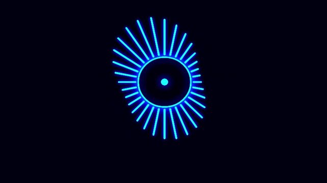 Circular audio visualizer sound wave spectrum animation with glowing blue rays against a dark background motion graphic loop