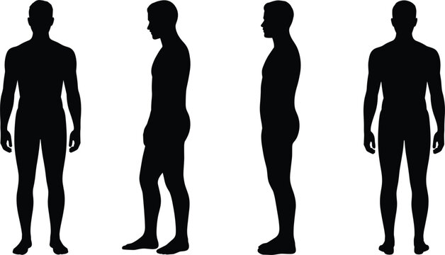Four black silhouettes of a male human figure showing different standing poses and angles, including front, side, and back views, isolated on a plain white background