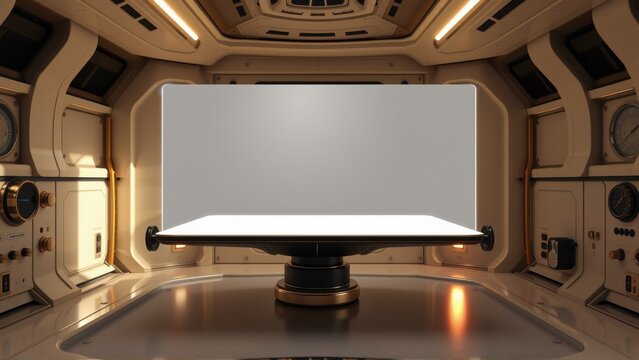Futuristic interior. Dark room features central table, illuminated by warm lighting. Sleek metallic walls suggest spaceship or laboratory setting.