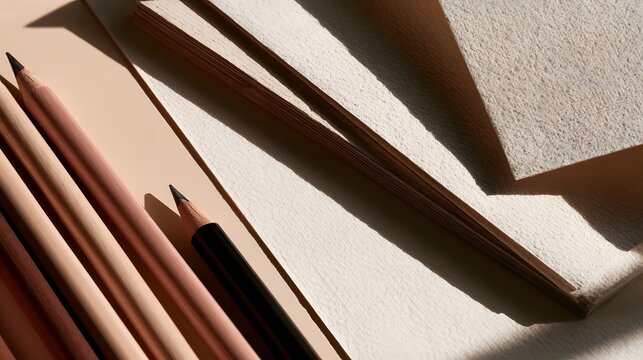 Pencils and textured paper sheets arranged with soft shadows creating a calm ic workspace with warm tones and natural light