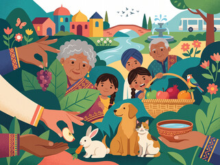 Fototapeta premium Family Sharing Food With Animals, Compassionate Pet Care, Clean Water and Kindness