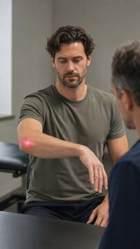 Man showing elbow pain to doctor during medical consultation. Patient with joint inflammation at orthopedic clinic. Physiotherapy, injury diagnosis and pain treatment concept.