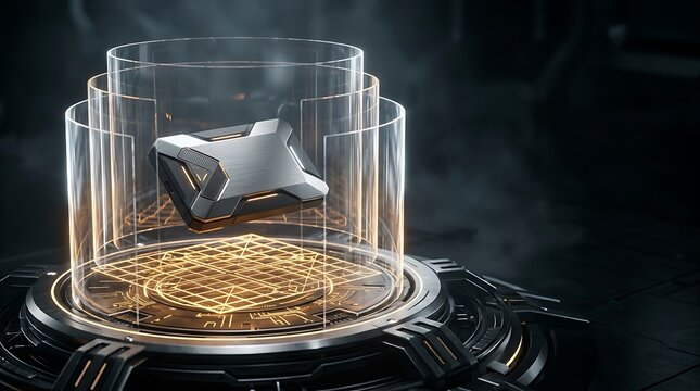 Futuristic 3d mechanical object floating inside a glowing glass cylinder display on a dark technical platform