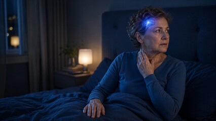 Fototapeta premium Mature woman sitting in bed at night touching neck with glowing brain visualization. Sleep disorder, headache and neurological health concept. Senior woman suffering from insomnia and memory problem