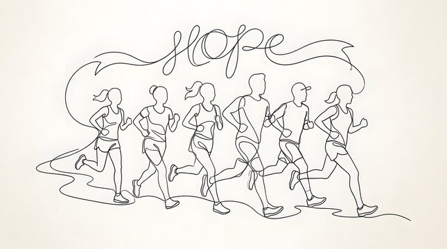 Line Art Illustration of Running Women with Hope Message in Minimalist Style