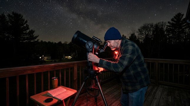 Amateur Astronomer at a Personal Telescope at Night