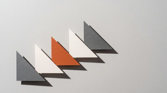 Abstract geometric background with overlapping paper triangles in grey, white, and orange with copy space