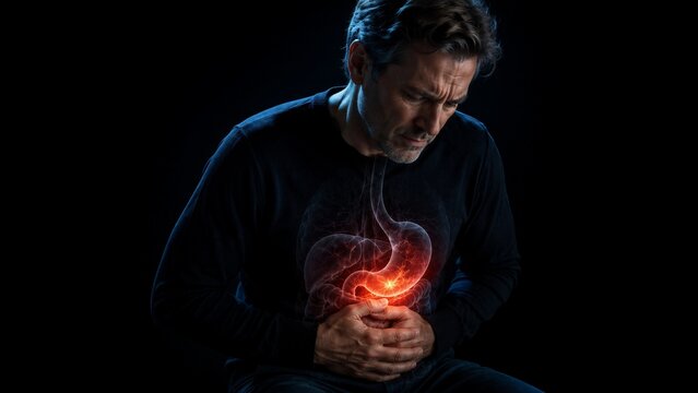 Man suffering from stomach pain with glowing stomach anatomy visible inside body. Digestive system disorder, gastritis, ulcer and abdominal
