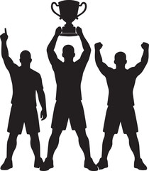 Fototapeta premium Silhouette of a winning sports team celebrating with a gold trophy cup on a white background