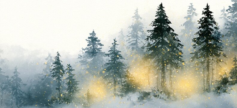 Towering spruce watercolor forest, golden candlelight through falling snow, hand-painted washes, left negative space, paper grain