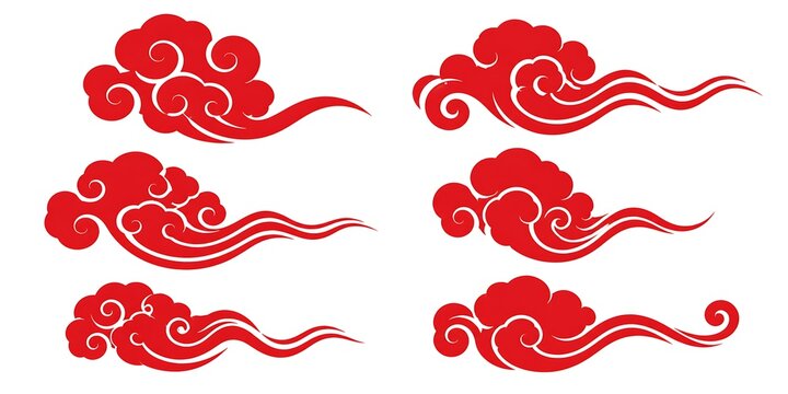 Traditional Chinese red clouds set, oriental auspicious cloud patterns, 6 decorative asian wind elements for lunar new year design