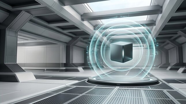 Futuristic cube object floating inside a glowing digital glass sphere in a modern high tech sci fi corridor