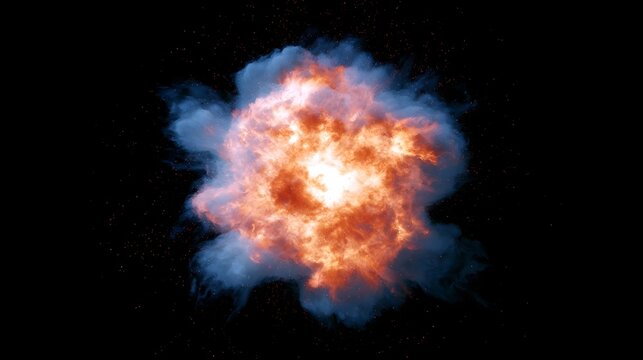 A vibrant cosmic explosion with fiery orange and blue nebulae against a star speckled black void  showcasing intense stellar energy