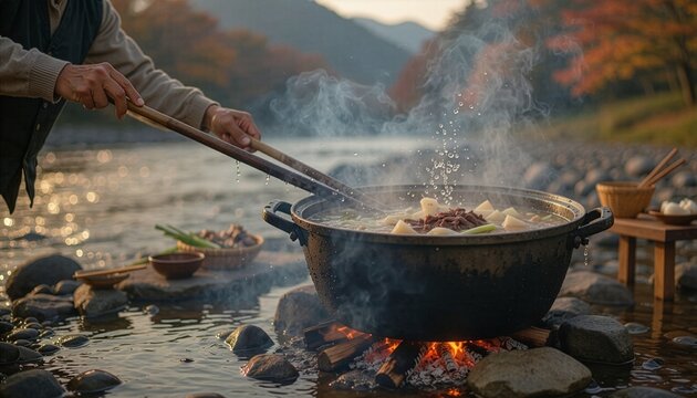 山形の芋煮会、河原で煮える里芋鍋　生成AI